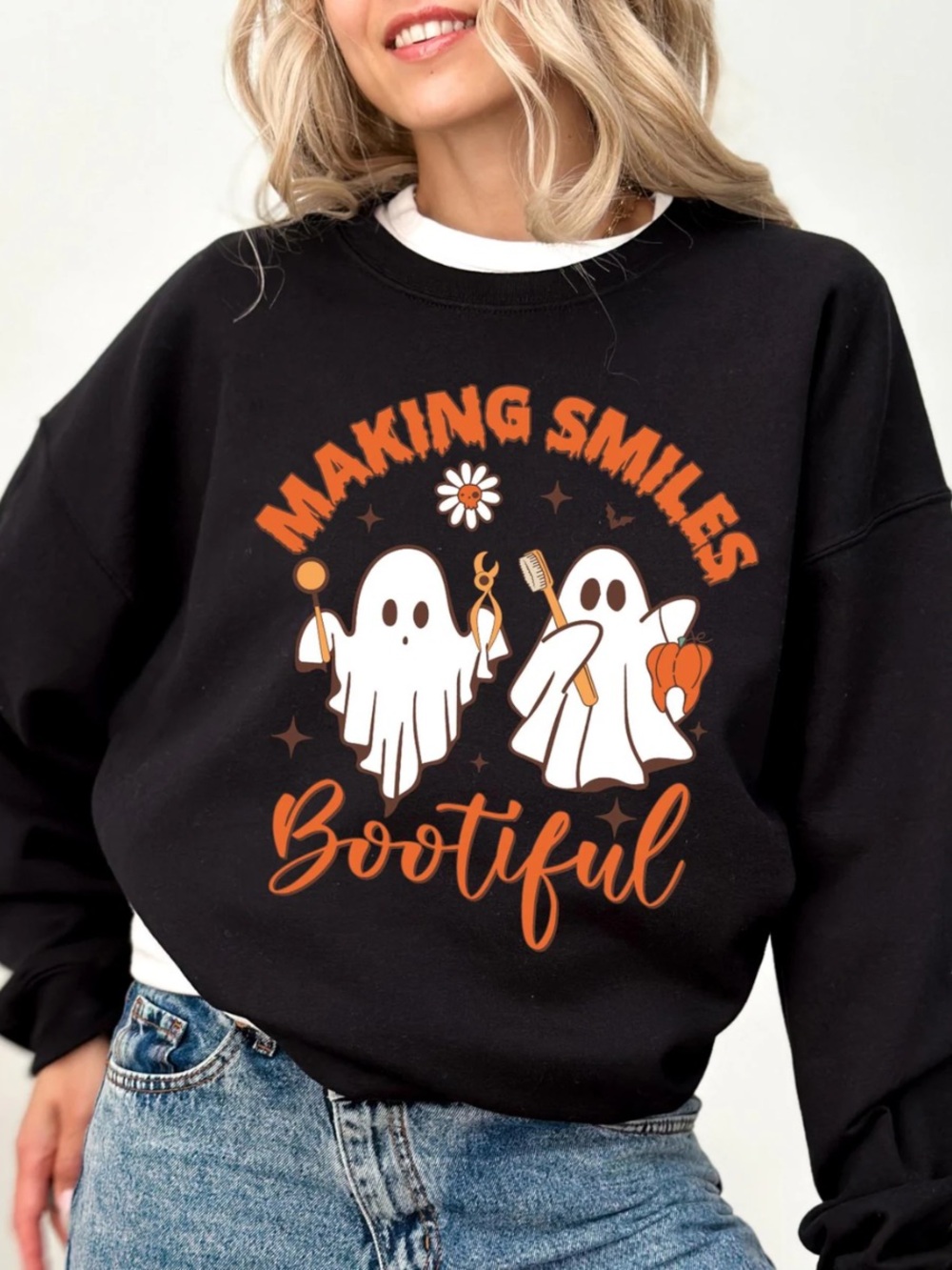 Black Halloween "Making Smiles Bootiful" Graphic Sweatshirt